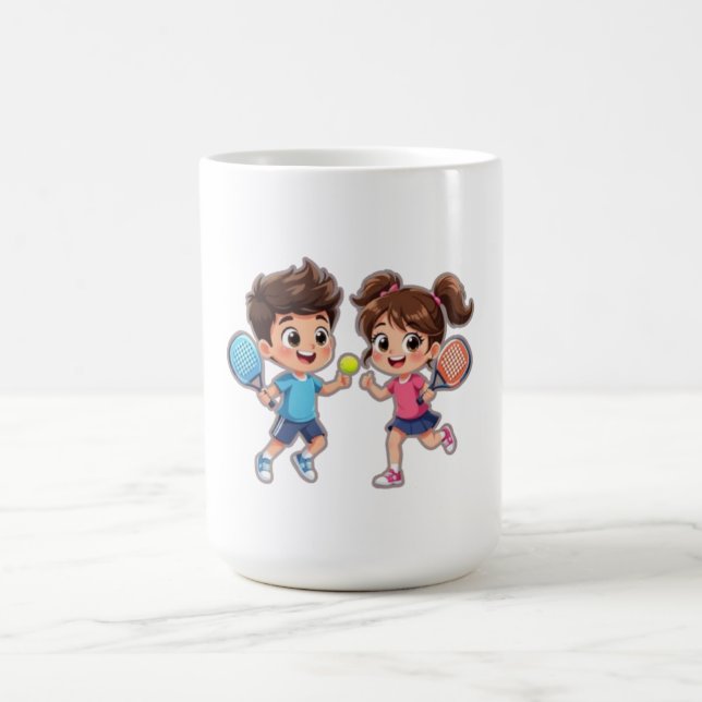 Mug Cute Cartoon Boy and Girl Playing Padel Tennis – F (Centre)