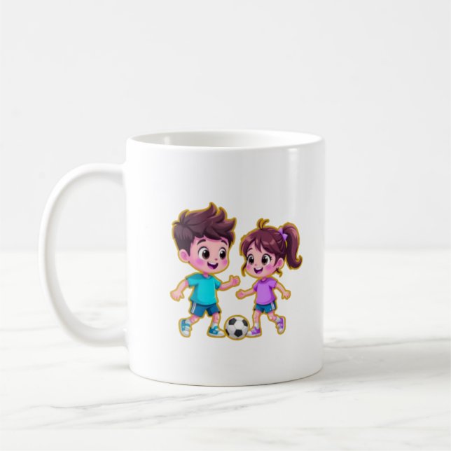 Mug **Cute Cartoon Boy and Girl Playing Soccer Togethe (Gauche)
