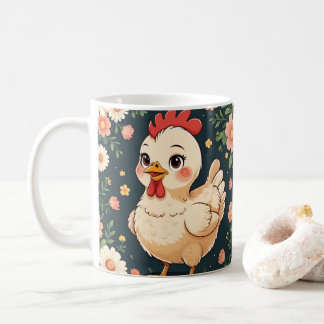 Mug Cute Cartoon Chicken, Colorful Floral. Farm Animal