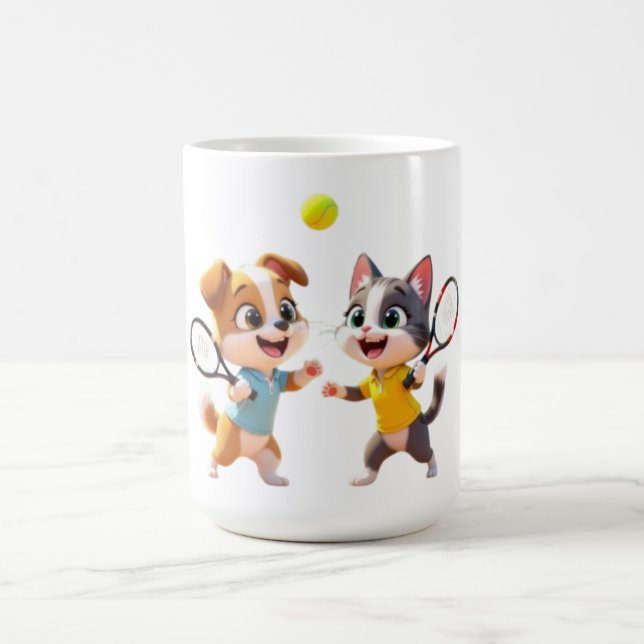 Mug Cute Cartoon Dog and Cat Playing Padel Tennis – Fu (Centre)