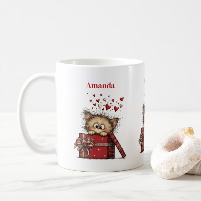 Mug Cute Cartoon Kitten in a Box with Hearts (Avec donut)