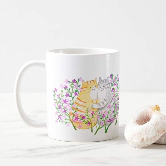 Mug Cute Cat Couple snuggling in flowers Cat Lover (Avec donut)