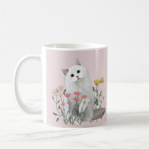 Mug Cute Chat Blanc Fleurs gaies rose