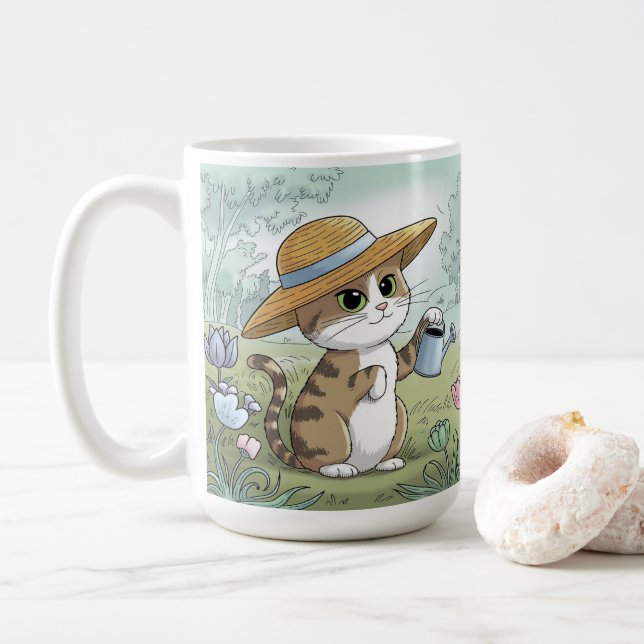 Mug Cute Chat Holding Watding Can Garden (Avec donut)