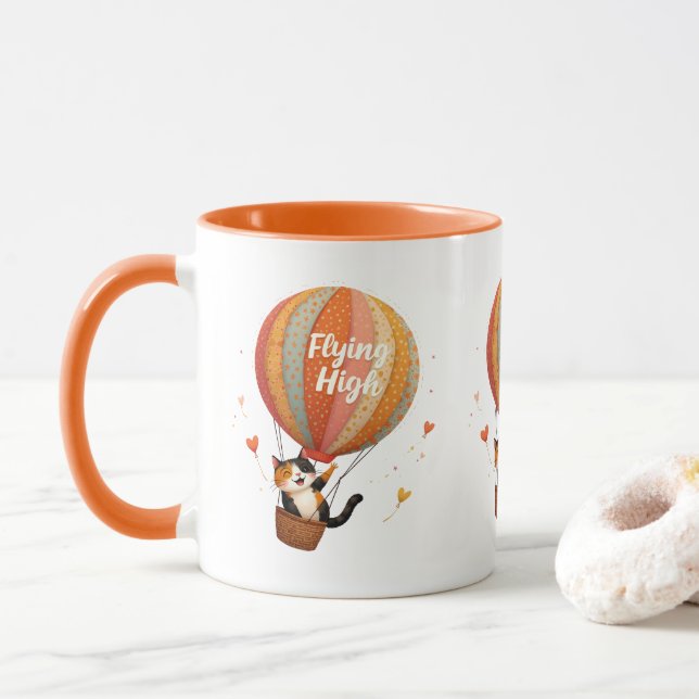 Mug Cute Chat Hot Air Balloon Whimsical Art (Avec donut)