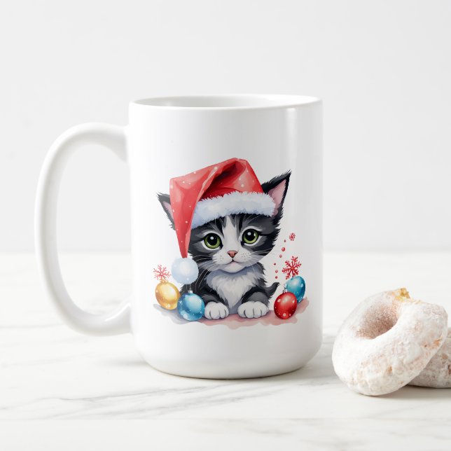 Mug Cute chat noir et blanc à Santa Hat Noël (Avec donut)