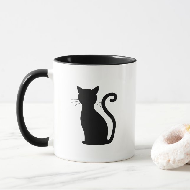 Mug Cute Chat Noir Silhouette Fun Noir et Blanc (Avec donut)