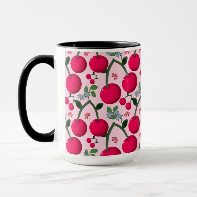 Mug Cute Cherry  Pattern, Glossy Kawaii Fruit (Gauche)