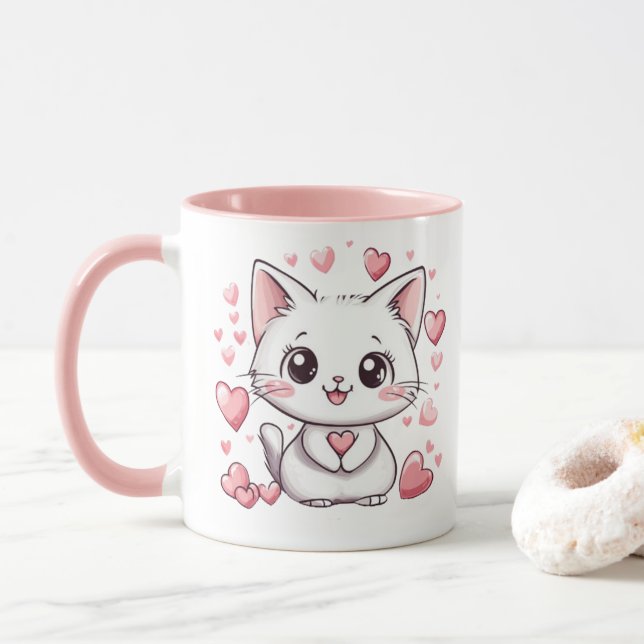 Mug Cute Chibi Chat avec Coeur Rose Adorable Kawaii (Avec donut)