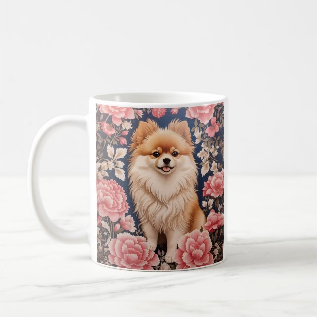 Mug Cute Chien Poméranien Rose Floral (Gauche)