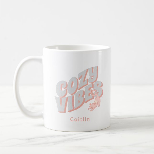 Mug Cute 'Cosy Vibes' Pastel Chat Personnalisé (Gauche)