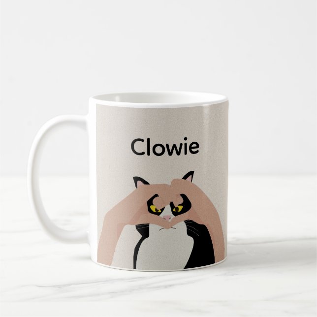 Mug Cute Crème Noir Blanc Chat Coeur mains personnalis (Gauche)