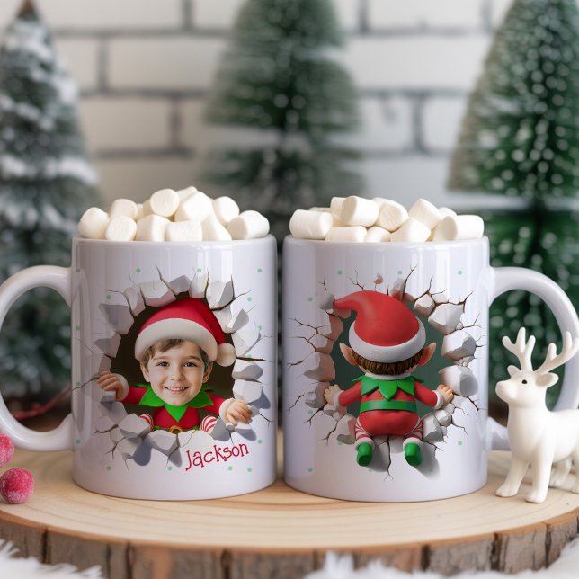 Mug Cute Custom Kids Face Photo Funny Elf Christmas (Fun and funny Custom Kids Face Photo cute Elf crashing front and back side Christmas Coffee Mug Cups)