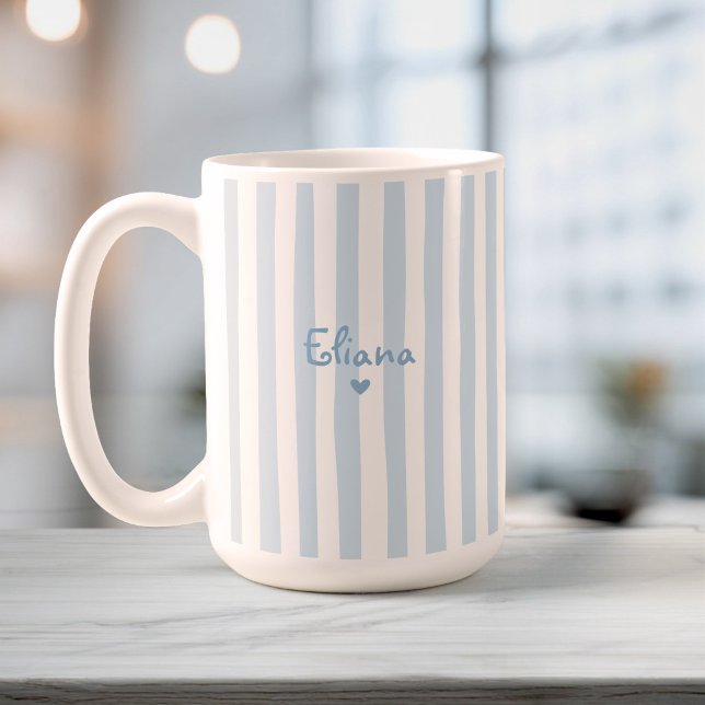 Mug Cute Custom Name Light Blue Stripes Girly (Créateur téléchargé)