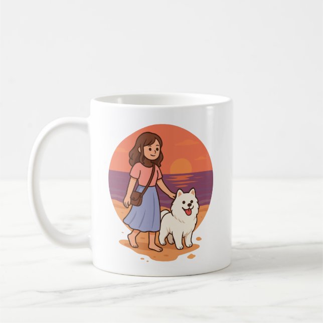 Mug Cute Dog Mom Walking Fluffy Pup on Sunset Beach  (Gauche)