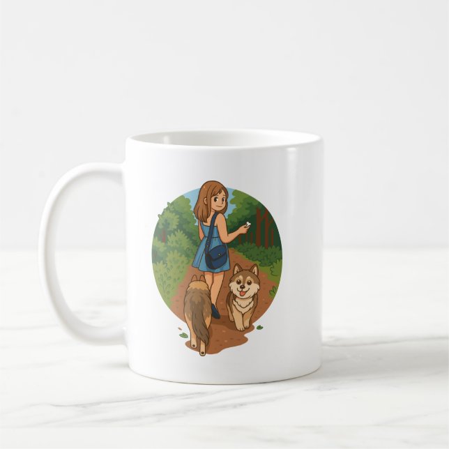 Mug Cute Dog Mom Walking Puppies Forest Trail Illustra (Gauche)