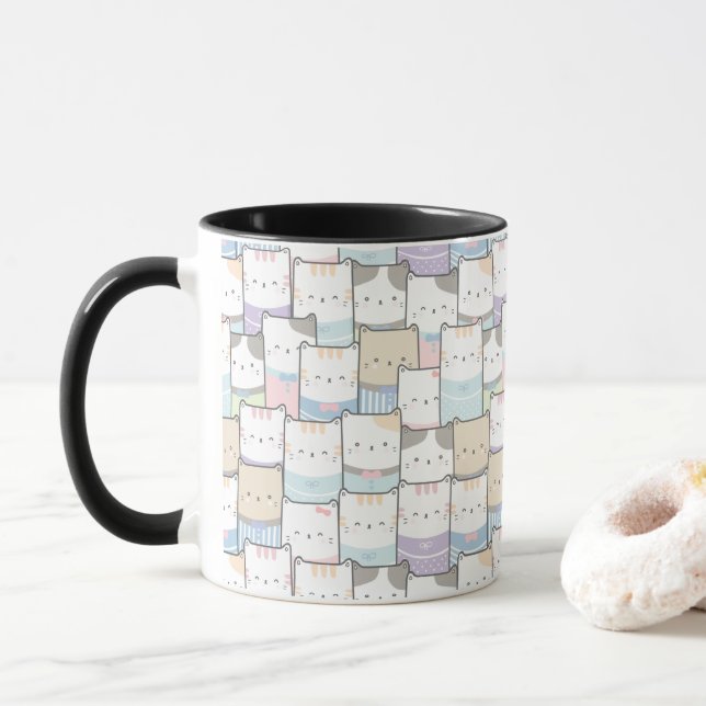Mug Cute Doodle Kitten Visages Motif (Avec donut)
