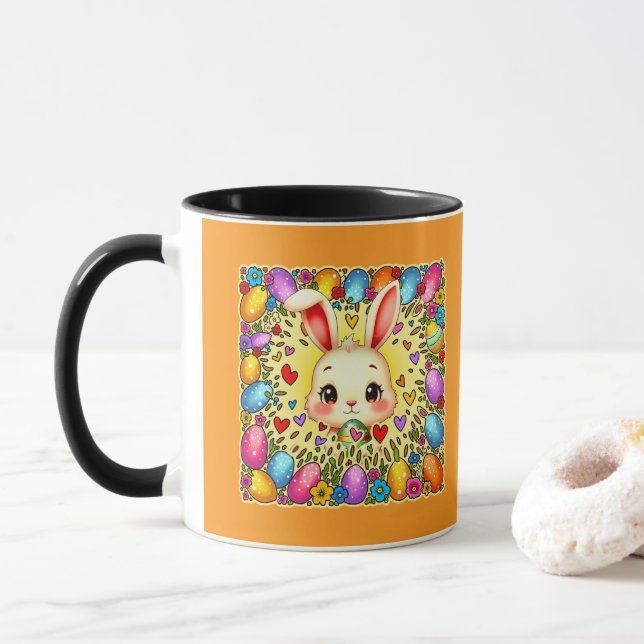 Mug Cute Easter Bunny – Colorful Eggs Art caneca (Avec donut)