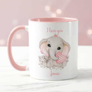 Mug Cute Elephant Coeur Valentine amour Pink Nom