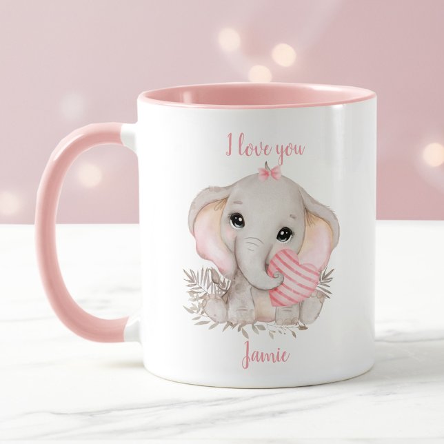 Mug Cute Elephant Coeur Valentine amour Pink Nom (Cute Elephant Heart Valentine love Pink Name Mug)
