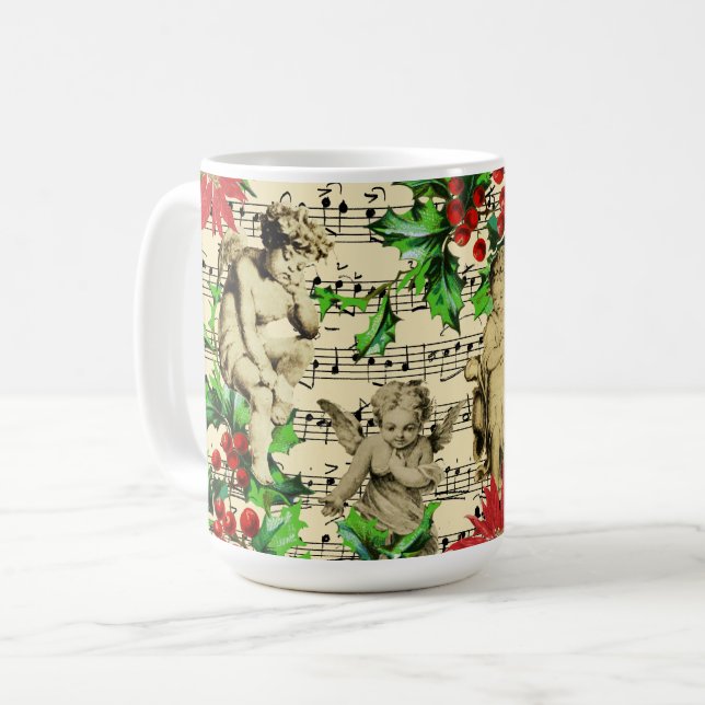 Mug Cute Festive Vintage Angel Cherubs Holly Noël (Devant gauche)