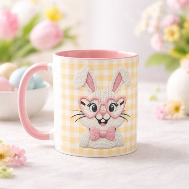 Mug Cute Gingham Bunny Pink Heart Glasses  (Créateur téléchargé)