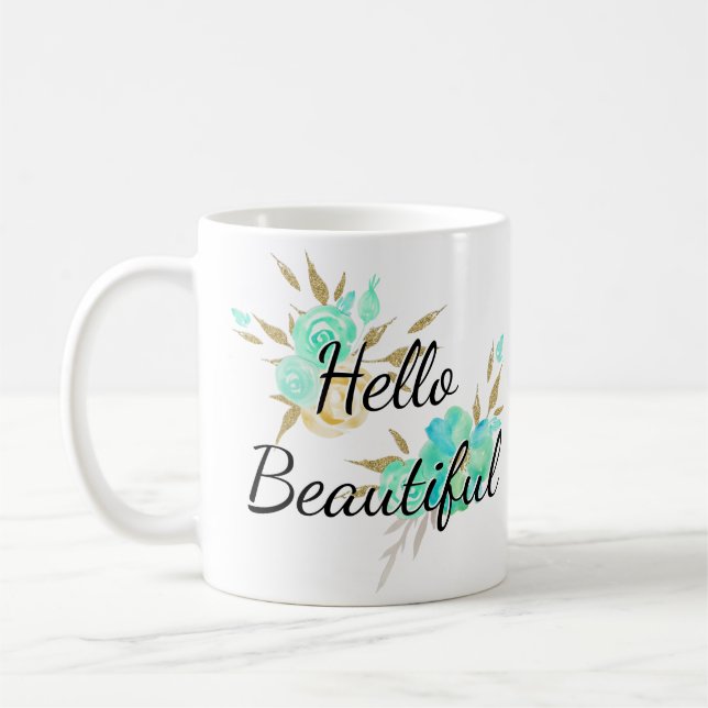 Mug Cute Girly Bonjour Belle Or & Bleu Floral (Gauche)