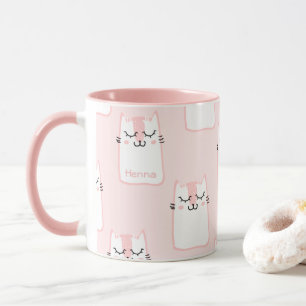 Mug Cute Girly Pink and White Cat Motif personnalisé