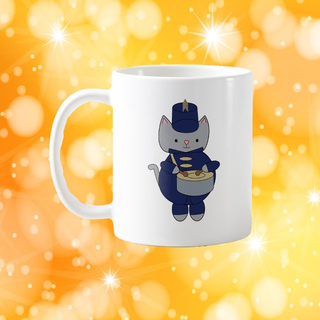 Mug Cute Gray Cat Drummer Blue Marching Band Uniform (A mug with a gray cat playing the drums and wearing a navy blue and gold marching band uniform.)