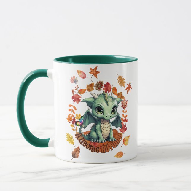 Mug Cute Green Dragon “Autism Awesome Autumn” Design  (Gauche)