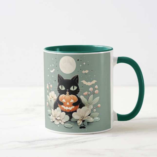 Mug Cute Halloween Chat noir, Pleine lune et Citrouill (Droite)