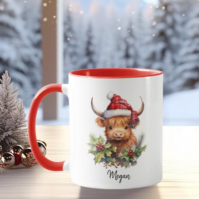 Mug Cute Highland Cows Calf Noël Père Noël Plaid Casqu (Créateur téléchargé)