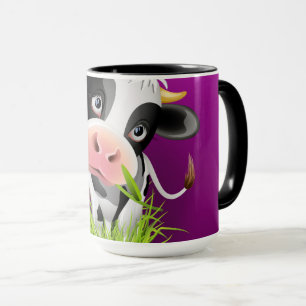 Mug Cute Holstein cow in grass over purple