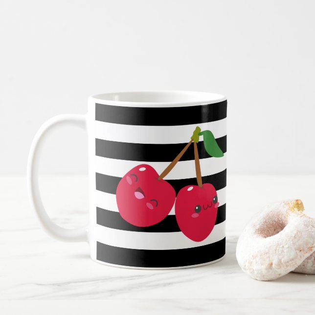 Mug Cute Kawaii Cerisier Noir et Blanc rayé (Avec donut)