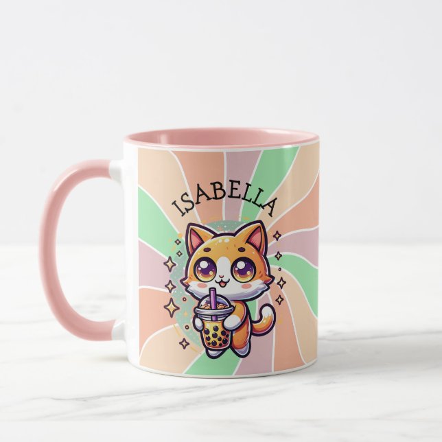 Mug Cute Kawaii Kitten avec thé à bulle Personnalisé (Gauche)
