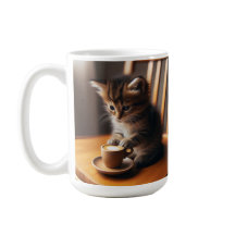 Cute Kitten assis dans une chaise avec une tasse.