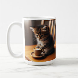 Mug Cute Kitten assis dans une chaise avec une tasse.