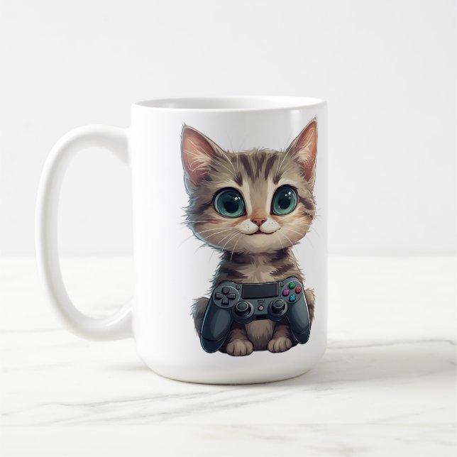 Mug Cute Kitten Holding Game Controller Gamer Cat (Gauche)