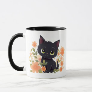 Mug Cute Kitten noir avec fleurs