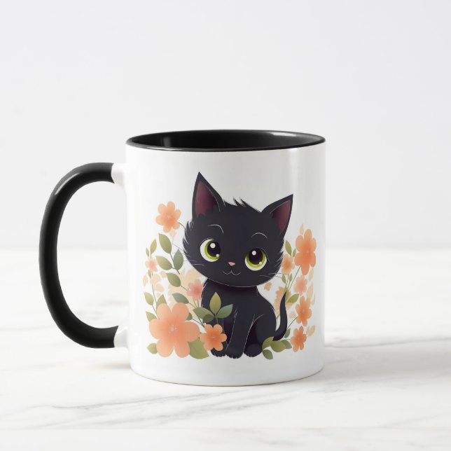 Mug Cute Kitten noir avec fleurs (Gauche)