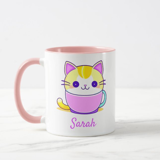 Mug Cute Kitty Chat Kawaii Nom personnalisé (Gauche)