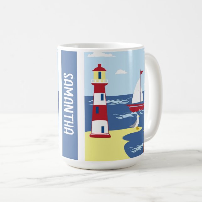 Mug Cute Lighthouse and Boat Seaside Art personnalisé (Devant droit)