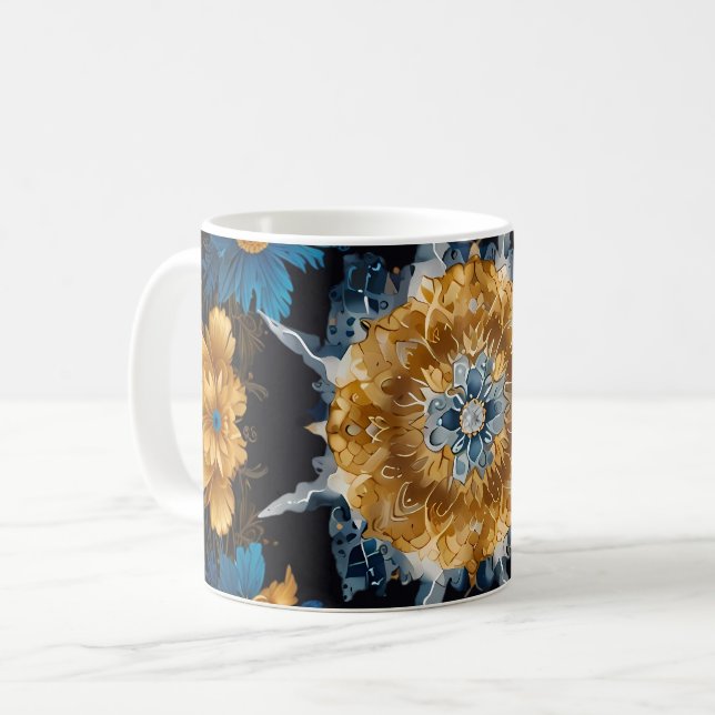 Mug Cute Mandala Design en noir avec or et argent (Devant gauche)