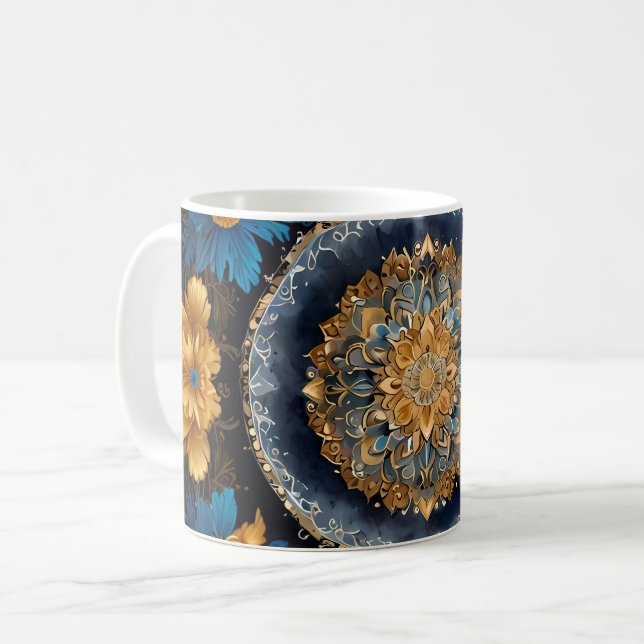Mug Cute Mandala Design sur arrière - plan bleu avec o (Devant gauche)