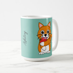 Mug Cute Orange Blanc Chat Manger Rouge Pomme Carton