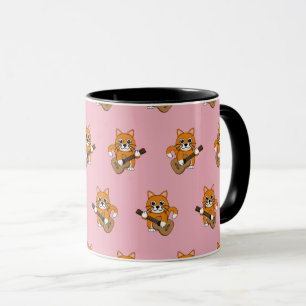 Mug Cute Orange Chat Blanc Jouer Caricature Guitare