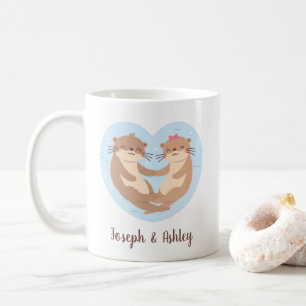 Mug Cute Otter Couple tenant Les Mains Personnalisées