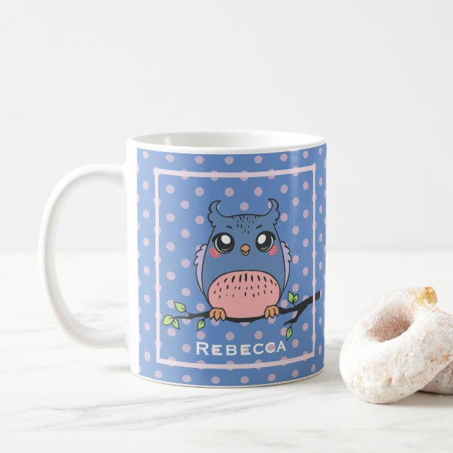 Mug Cute Owl Art Dotty Personalised Blue and Pink  (Avec donut)
