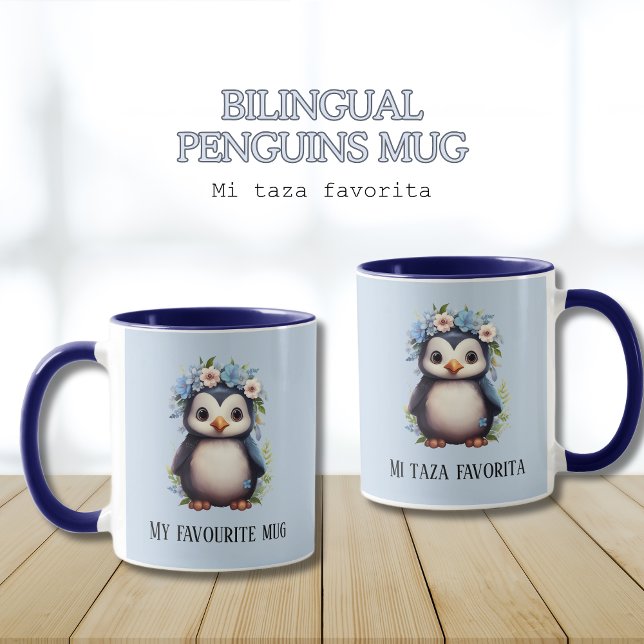 Mug Cute Penguins Bleu Personnalisé Texte Bilingue Esp (Bilingual blue mug, penguins, spanish mi taza favorita. custom language. Multilingual Project.)