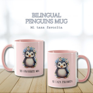 Mug Cute Penguins rose Personnalisé Texte bilingue
